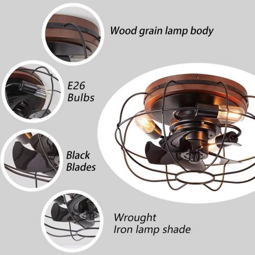  CFAYY Farmhouse Caged Ceiling Fans with Lights Flush Mount, 18 Rustic Bladeless Ceiling Fan Remote Control, Quiet Reversible Motor, 6 Gear Speeds, 1/2/4 Hour Timing