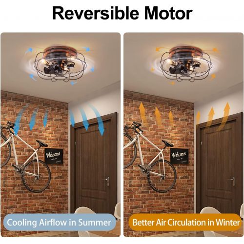  CFAYY Farmhouse Caged Ceiling Fans with Lights Flush Mount, 18 Rustic Bladeless Ceiling Fan Remote Control, Quiet Reversible Motor, 6 Gear Speeds, 1/2/4 Hour Timing