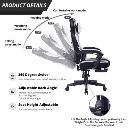  CGH Massage Reclining Gaming Chair - Ergonomic High-Back Racing Computer Desk Office Chair with Retractable Footrest and Adjustable Lumbar Cushion (Color : Black)