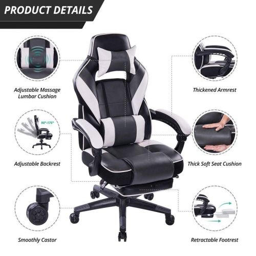  CGH Massage Reclining Gaming Chair - Ergonomic High-Back Racing Computer Desk Office Chair with Retractable Footrest and Adjustable Lumbar Cushion (Color : Black)