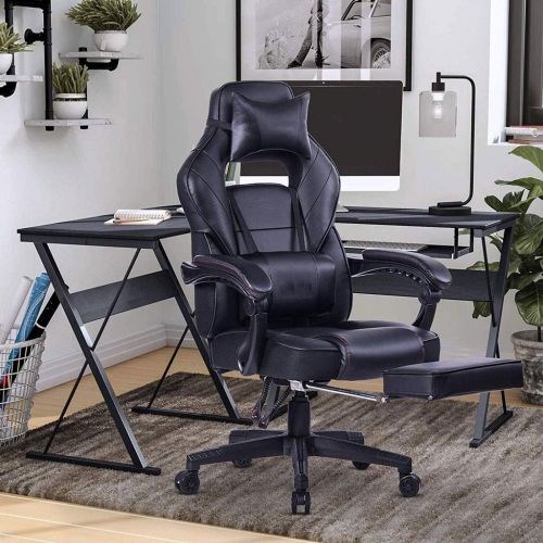  CGH Massage Reclining Gaming Chair - Ergonomic High-Back Racing Computer Desk Office Chair with Retractable Footrest and Adjustable Lumbar Cushion (Color : Black)