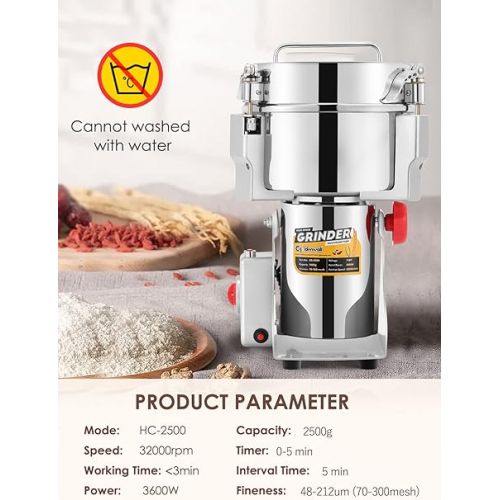  CGOLDENWALL 2500g Electric Grain Grinder Mill Safety Upgraded 3600W High-speed Spice Herb Grinder Commercial Superfine Machine Dry Cereals Pulverizer CE 110V (2500g Swing Type)