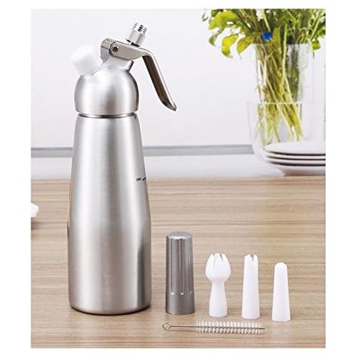  CGOLDENWALL Professional Whipped Cream Dispenser Cream Whipper Gourmet Culinary Whipped Cream Maker 3 Decorating Nozzles Cleaning Brush and Instruction Manual Included (Stainless Steel 1000ml/2 Pint)