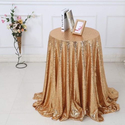  CH&Q Gold Sequin Tablecloth - 120 Inch Round Sequins Tablecloth Great for Buffet Table/Parties/Wedding/Holiday Dinner/Tea Table/Coffee/Cocktail & More - Polyester Fabric Table Cove