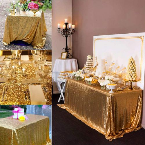  CH&Q Gold Sequin Tablecloth - 120 Inch Round Sequins Tablecloth Great for Buffet Table/Parties/Wedding/Holiday Dinner/Tea Table/Coffee/Cocktail & More - Polyester Fabric Table Cove