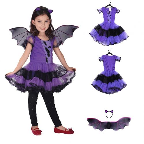  CH&Q Kids Halloween Cosplay Costume Girls Purple Bat Princess Costume Children Party Dress