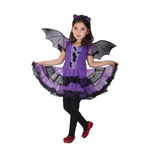  CH&Q Kids Halloween Cosplay Costume Girls Purple Bat Princess Costume Children Party Dress