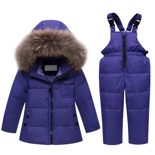  CH&Q Baby Snowsuit Toddler Warm Hooded Fur Trim Puffer Duck Down Coat + Jumpsuits Set