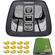 CHAMPKEY Double-Sided Golf Chipping Net with Dual-Turf Mat and 12 Foam Golf Balls - 5 Ply-Knotless Netting Golf Net and Heavy Duty Rubber Backing Hitting Mat Ideal for Training