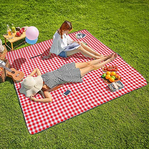  CHANODUG Machine Washable Extra Large Picnic & Beach Blanket Handy Mat Plus Thick Dual Layers Sandproof Waterproof Padding Portable for The Family, Friends, Kids, 79x79 (Red and Wh