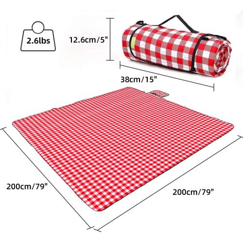  CHANODUG Machine Washable Extra Large Picnic & Beach Blanket Handy Mat Plus Thick Dual Layers Sandproof Waterproof Padding Portable for The Family, Friends, Kids, 79x79 (Red and Wh