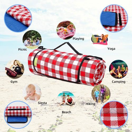  CHANODUG Machine Washable Extra Large Picnic & Beach Blanket Handy Mat Plus Thick Dual Layers Sandproof Waterproof Padding Portable for The Family, Friends, Kids, 79x79 (Red and Wh