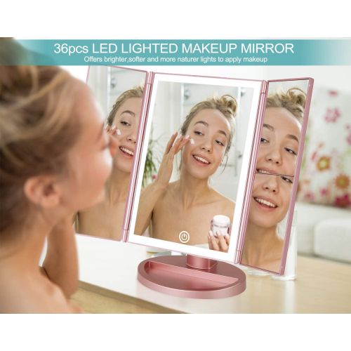  CHAREADA Makeup Vanity Mirror with Lights, 36 LED Trifold Cosmetic Makeup Mirror, 2X 3X 10x Magnification 180° Rotation Dual Power Supply Portable Trifold Mirror