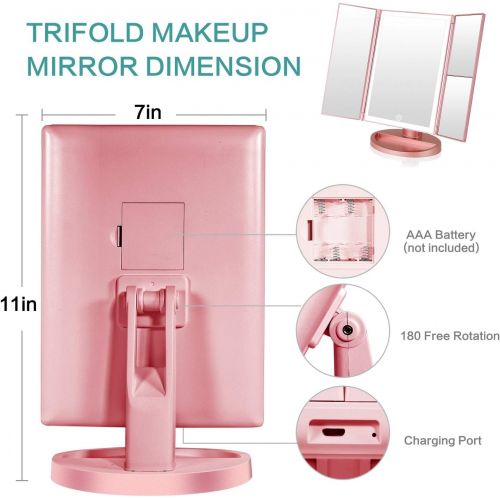  CHAREADA Makeup Vanity Mirror with Lights, 36 LED Trifold Cosmetic Makeup Mirror, 2X 3X 10x Magnification 180° Rotation Dual Power Supply Portable Trifold Mirror