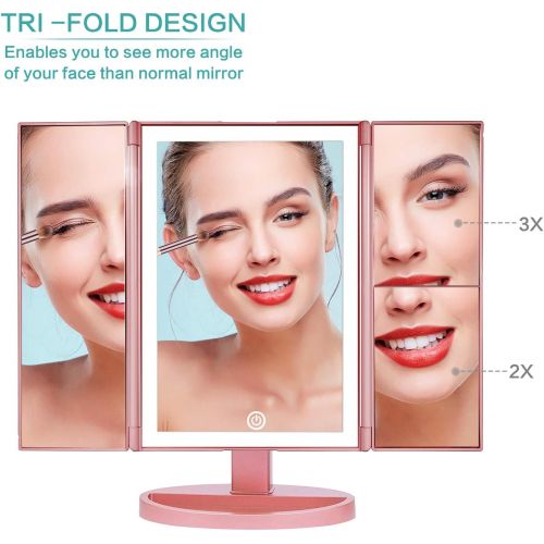  CHAREADA Makeup Vanity Mirror with Lights, 36 LED Trifold Cosmetic Makeup Mirror, 2X 3X 10x Magnification 180° Rotation Dual Power Supply Portable Trifold Mirror