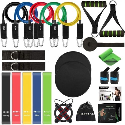  CHAREADA 23 Pack Resistance Bands Set Workout Bands, 5 Stackable Exercise Bands 5 Loop Resistance Bands 2 Core Sliders ? Door Anchor Handles Ankle Straps Carry Bag Instant Cooling Towel Wri