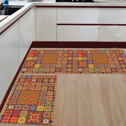  CHARMHOME Kitchen Rugs and Mats Set Multi Floral Ceramic Tile Designs 2 Piece Floor Carpet Non-Slip Rubber Backing Doormat Runner Rug Set