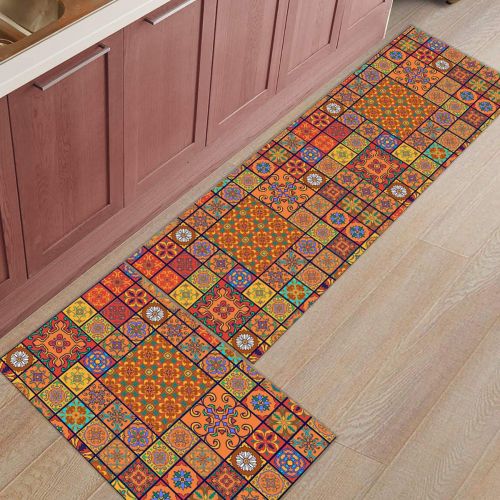  CHARMHOME Kitchen Rugs and Mats Set Multi Floral Ceramic Tile Designs 2 Piece Floor Carpet Non-Slip Rubber Backing Doormat Runner Rug Set