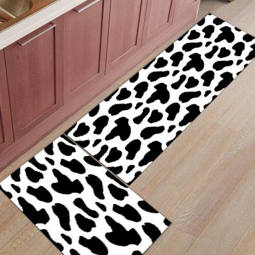  CHARMHOME Kitchen Rugs and Mats Set Black and White Spot Pattern of Cows 2 Piece Floor Carpet Non-Slip Rubber Backing Doormat Runner Rug Set