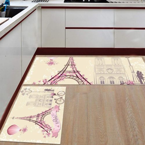  CHARMHOME Kitchen Rugs and Mats Set Love in Paris Eiffel Tower Balloons and Bicycles 2 Piece Floor Carpet Non-Slip Rubber Backing Doormat Runner Rug Set