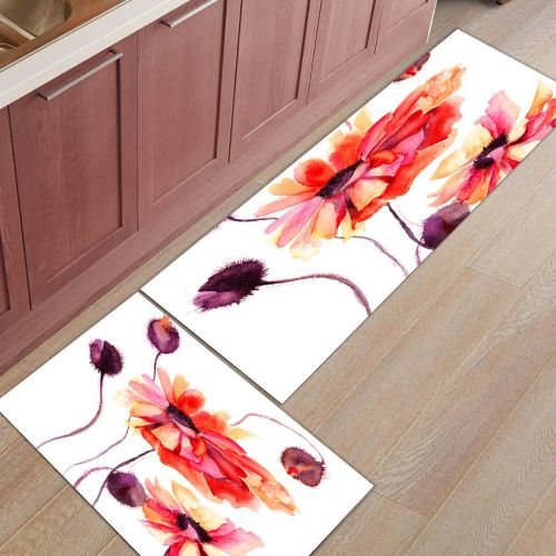  CHARMHOME Kitchen Rugs and Mats Set Watercolor Flowers Print 2 Piece Floor Carpet Non-Slip Rubber Backing Doormat Runner Rug Set