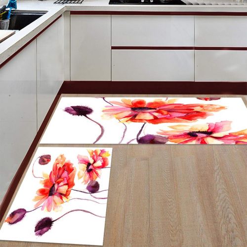  CHARMHOME Kitchen Rugs and Mats Set Watercolor Flowers Print 2 Piece Floor Carpet Non-Slip Rubber Backing Doormat Runner Rug Set