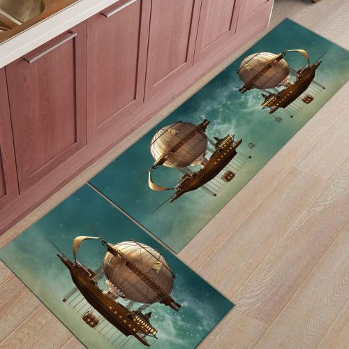  CHARMHOME Kitchen Rugs and Mats Set Steampunk Airship in The Sky 2 Piece Floor Carpet Non-Slip Rubber Backing Doormat Runner Rug Set