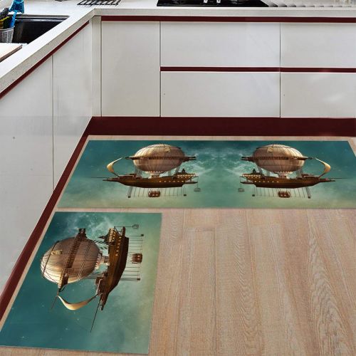 CHARMHOME Kitchen Rugs and Mats Set Steampunk Airship in The Sky 2 Piece Floor Carpet Non-Slip Rubber Backing Doormat Runner Rug Set