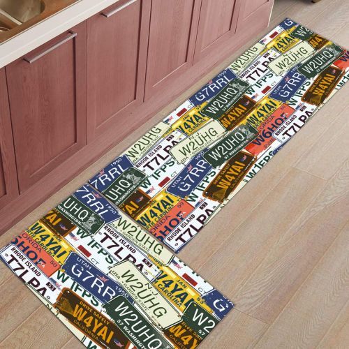  CHARMHOME Kitchen Rugs and Mats Set USA Various States of License Plate Images 2 Piece Floor Carpet Non-Slip Rubber Backing Doormat Runner Rug Set