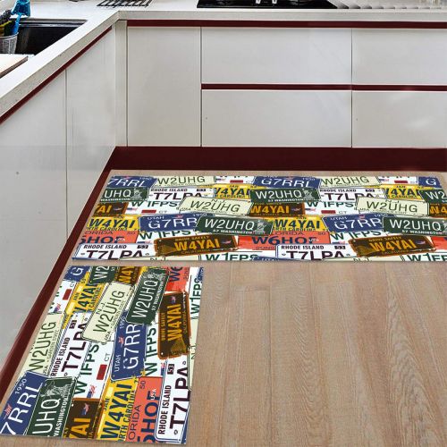  CHARMHOME Kitchen Rugs and Mats Set USA Various States of License Plate Images 2 Piece Floor Carpet Non-Slip Rubber Backing Doormat Runner Rug Set