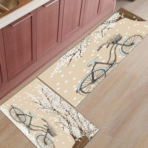  CHARMHOME Kitchen Rugs and Mats Set Bicycles and Falling Flowers 2 Piece Floor Carpet Non-Slip Rubber Backing Doormat Runner Rug Set