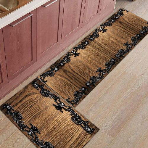  CHARMHOME Kitchen Rugs and Mats Set Iron Antiques Adorn The Wooden Board 2 Piece Floor Carpet Non-Slip Rubber Backing Doormat Runner Rug Set