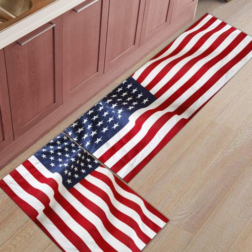  CHARMHOME Kitchen Rugs and Mats Set Fluttering American Flag Patriotic Americans 2 Piece Floor Carpet Non-Slip Rubber Backing Doormat Runner Rug Set