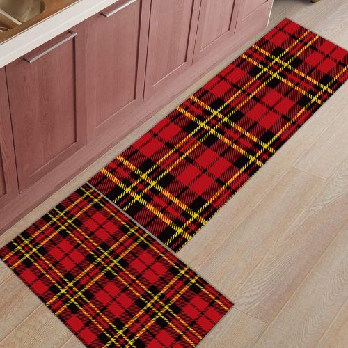  CHARMHOME Kitchen Rugs and Mats Set Red Plaid Fabric Material Print 2 Piece Floor Carpet Non-Slip Rubber Backing Doormat Runner Rug Set