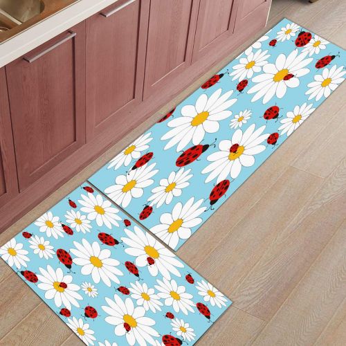  CHARMHOME Kitchen Rugs and Mats Set Daisy and Beetle Patterns 2 Piece Floor Carpet Non-Slip Rubber Backing Doormat Runner Rug Set