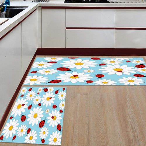  CHARMHOME Kitchen Rugs and Mats Set Daisy and Beetle Patterns 2 Piece Floor Carpet Non-Slip Rubber Backing Doormat Runner Rug Set