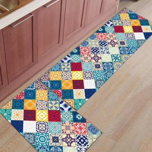  CHARMHOME Kitchen Rugs and Mats Set Multi Floral Ceramic Tile Designs 2 Piece Floor Carpet Non-Slip Rubber Backing Doormat Runner Rug Set