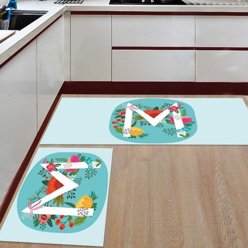  CHARMHOME Kitchen Rugs and Mats Set Flower Illustration Letter M 2 Piece Floor Carpet Non-Slip Rubber Backing Doormat Runner Rug Set