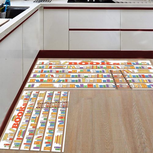  CHARMHOME Kitchen Rugs and Mats Set Books On The Shelf 2 Piece Floor Carpet Non-Slip Rubber Backing Doormat Runner Rug Set