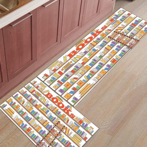  CHARMHOME Kitchen Rugs and Mats Set Books On The Shelf 2 Piece Floor Carpet Non-Slip Rubber Backing Doormat Runner Rug Set
