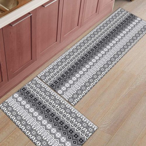  CHARMHOME Kitchen Rugs and Mats Set Black White Nordic Style 2 Piece Floor Carpet Non-Slip Rubber Backing Doormat Runner Rug Set