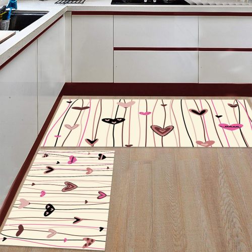  CHARMHOME Kitchen Rugs and Mats Set Stripe Love Vine of Branch Contracted Design Lover 2 Piece Floor Carpet Non-Slip Rubber Backing Doormat Runner Rug Set