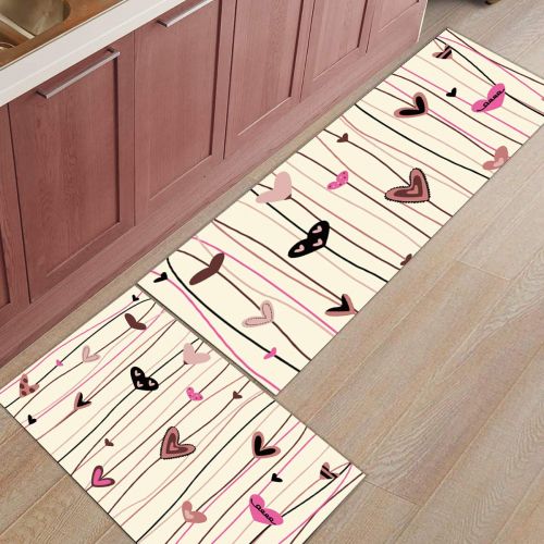  CHARMHOME Kitchen Rugs and Mats Set Stripe Love Vine of Branch Contracted Design Lover 2 Piece Floor Carpet Non-Slip Rubber Backing Doormat Runner Rug Set