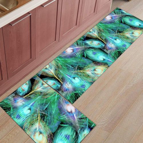  CHARMHOME Kitchen Rugs and Mats Set Green Peacock Feather 2 Piece Floor Carpet Non-Slip Rubber Backing Doormat Runner Rug Set