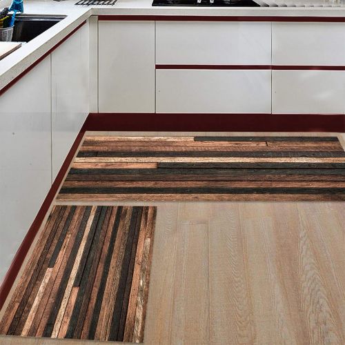  CHARMHOME Kitchen Rugs and Mats Set Ropey Wood Grain Pattern 2 Piece Floor Carpet Non-Slip Rubber Backing Doormat Runner Rug Set