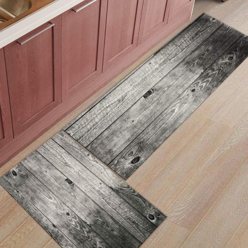  CHARMHOME Kitchen Rugs and Mats Set Gray Wood Board Pattern 2 Piece Floor Carpet Non-Slip Rubber Backing Doormat Runner Rug Set