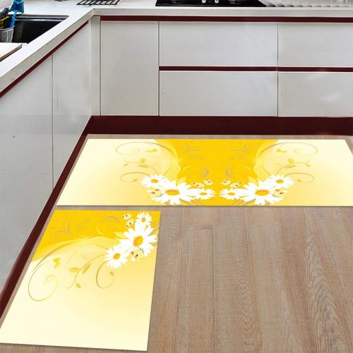  CHARMHOME Kitchen Rugs and Mats Set Butterfly and Chrysanthemum Yellow Patterns 2 Piece Floor Carpet Non-Slip Rubber Backing Doormat Runner Rug Set