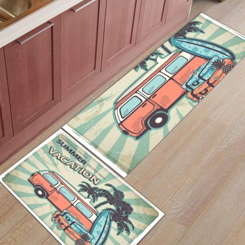  CHARMHOME Kitchen Rugs and Mats Set Summer Retro Style Hawaiia Vacation 2 Piece Floor Carpet Non-Slip Rubber Backing Doormat Runner Rug Set