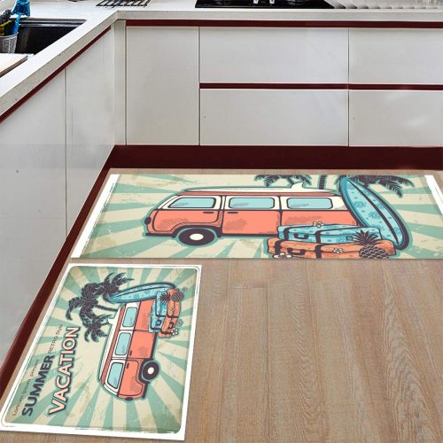  CHARMHOME Kitchen Rugs and Mats Set Summer Retro Style Hawaiia Vacation 2 Piece Floor Carpet Non-Slip Rubber Backing Doormat Runner Rug Set