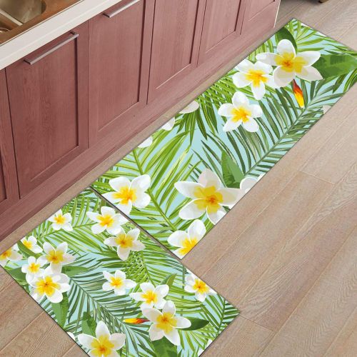  CHARMHOME Kitchen Rugs and Mats Set Tropical Palm Leaf Pattern 2 Piece Floor Carpet Non-Slip Rubber Backing Doormat Runner Rug Set